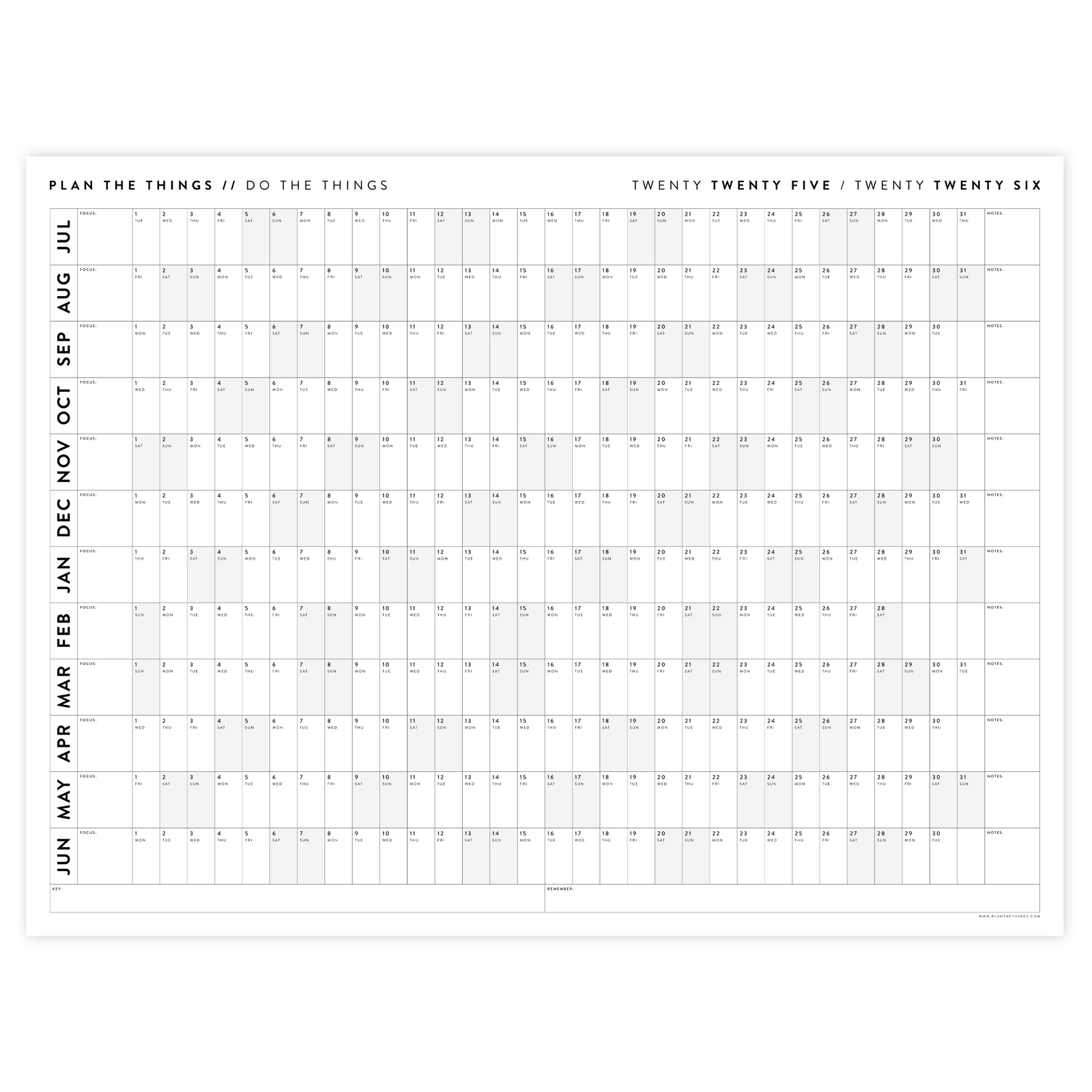 2025 - 2026 ACADEMIC WALL CALENDAR (JULY START) | HORIZONTAL WITH GRAY WEEKENDS