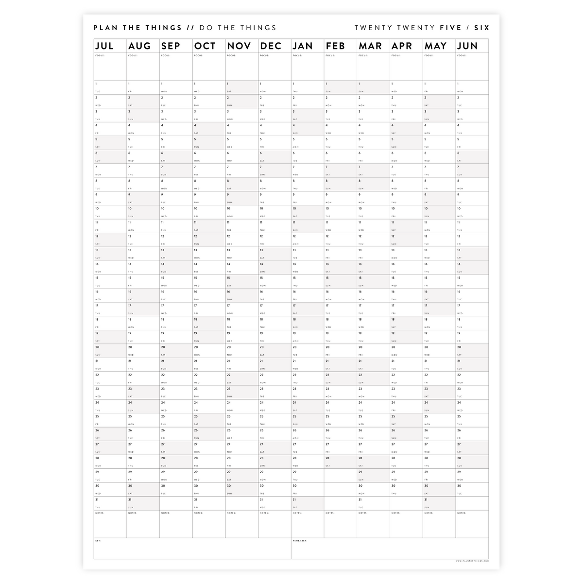 PRINTABLE 2025 - 2026 ACADEMIC WALL CALENDAR (JULY START) | VERTICAL WITH GRAY WEEKENDS - INSTANT DOWNLOAD