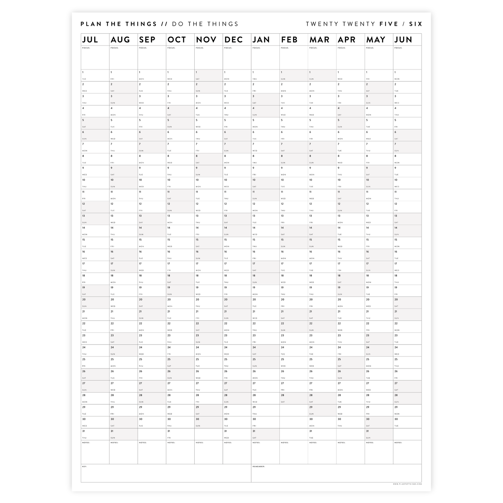 2025 - 2026 ACADEMIC WALL CALENDAR (JULY START) | VERTICAL WITH GRAY WEEKENDS