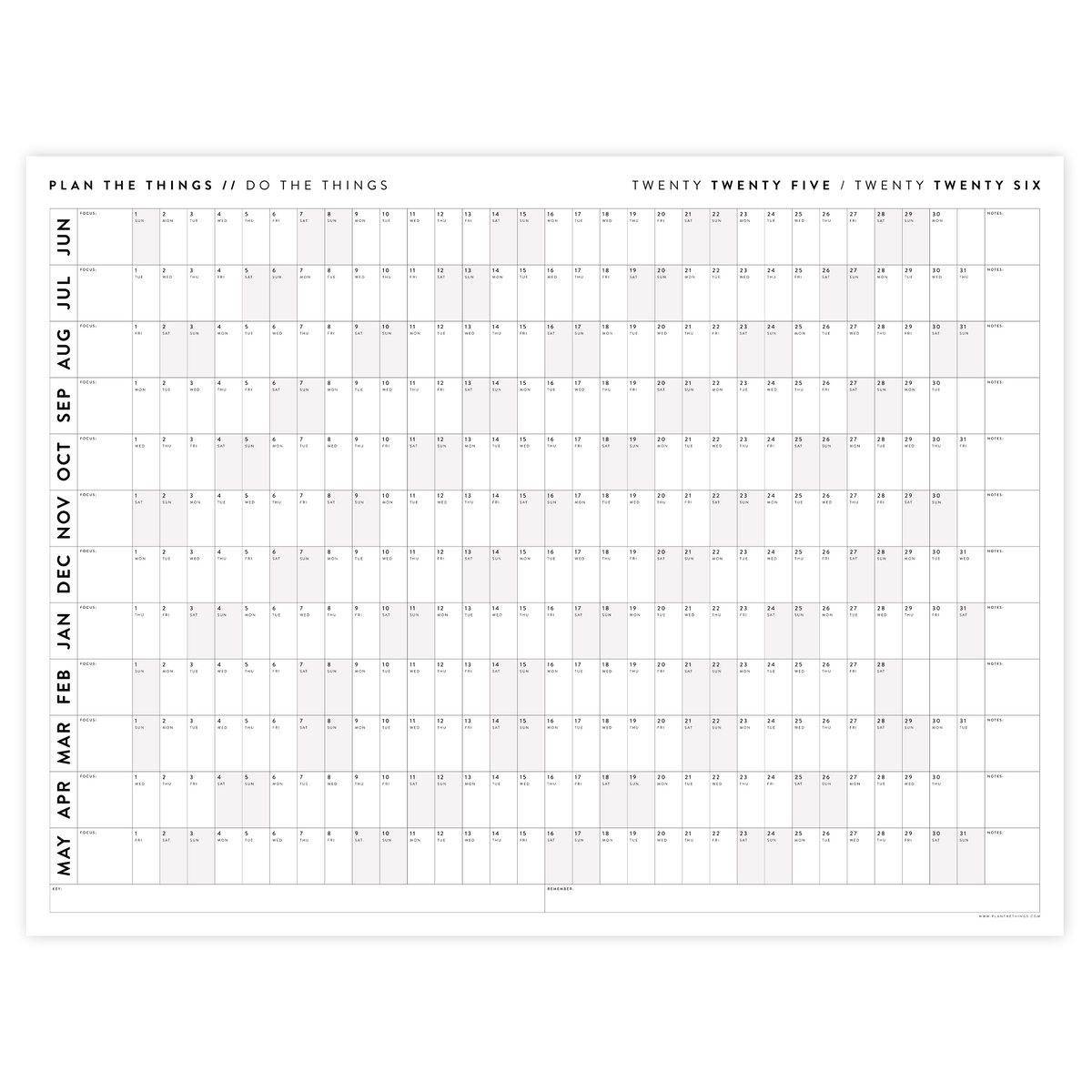 2025 - 2026 ACADEMIC WALL CALENDAR (JUNE START) | HORIZONTAL WITH GRAY / GREY WEEKENDS