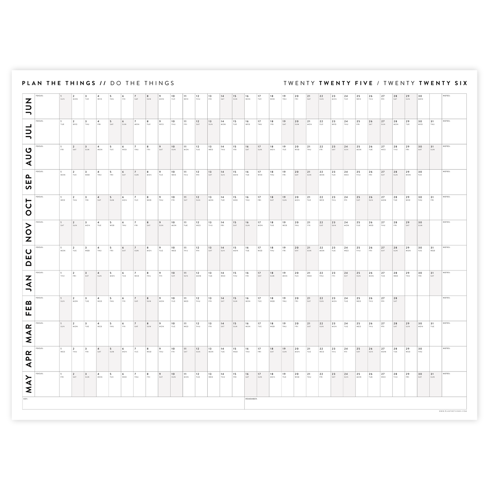 2025 - 2026 ACADEMIC WALL CALENDAR (JUNE START) | HORIZONTAL WITH GRAY / GREY WEEKENDS