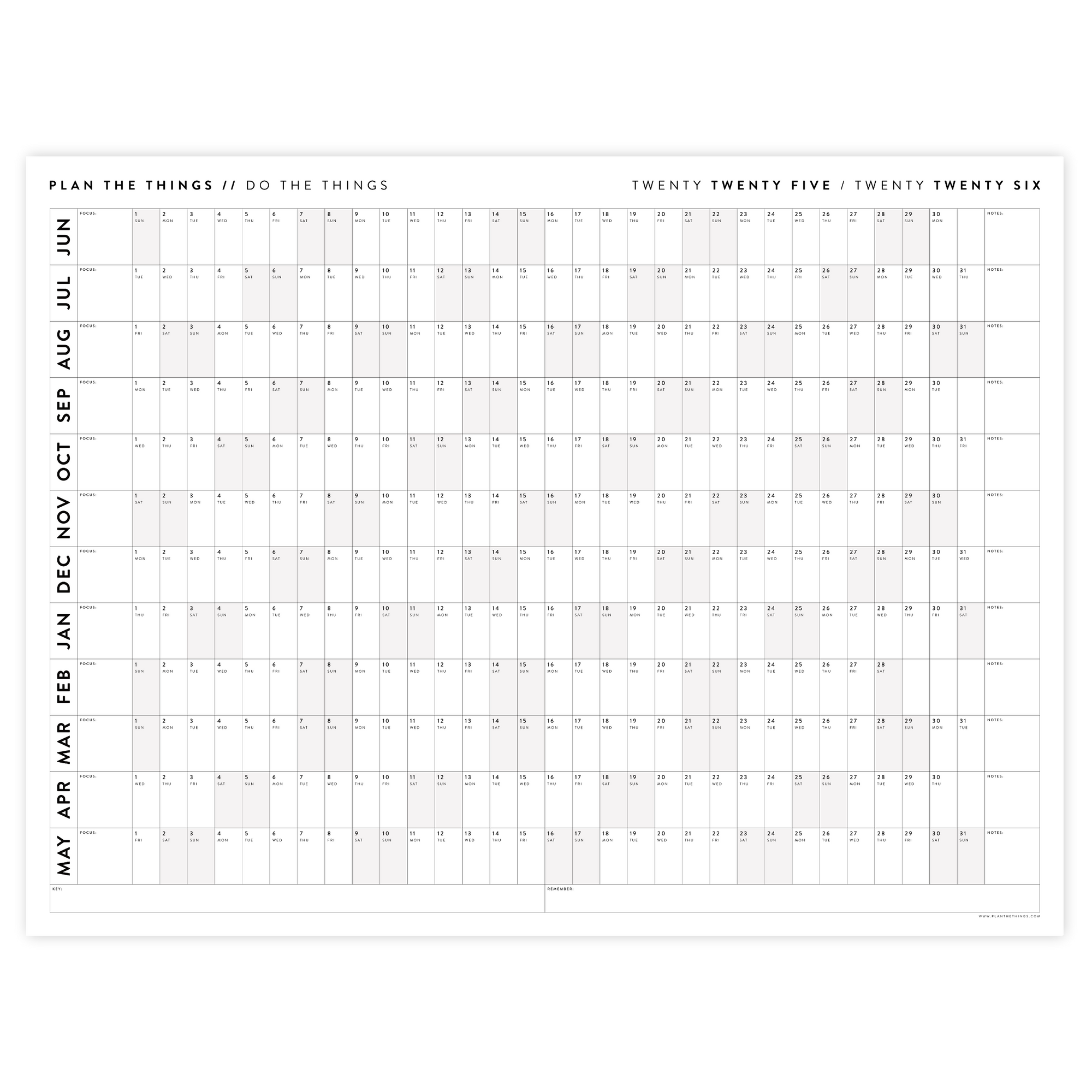 PRINTABLE 2025 - 2026 ACADEMIC WALL CALENDAR (JUNE START) | HORIZONTAL WITH GRAY / GREY WEEKENDS - INSTANT DOWNLOAD