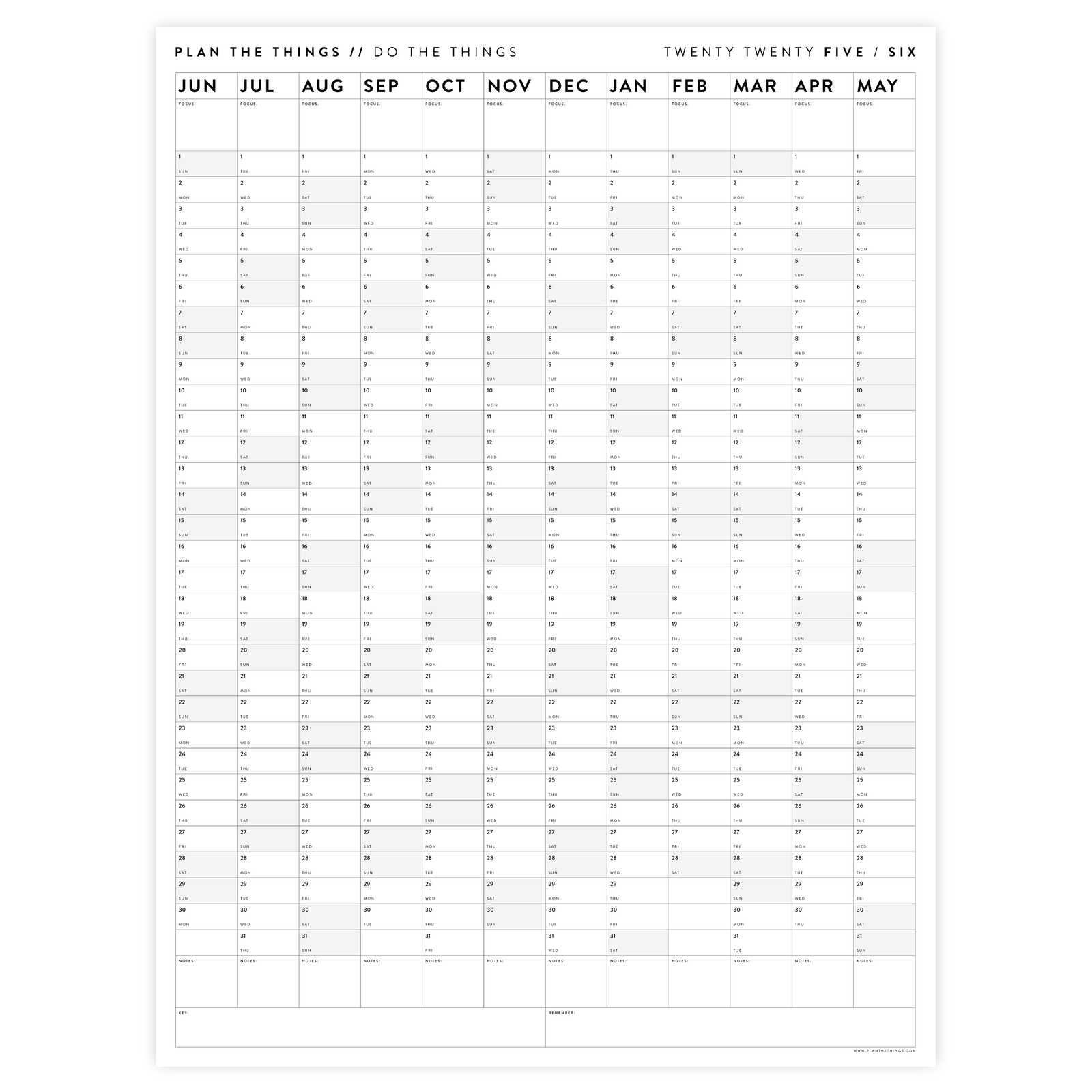 2025 - 2026 ACADEMIC WALL CALENDAR (JUNE START) | VERTICAL WITH GRAY / GREY WEEKENDS