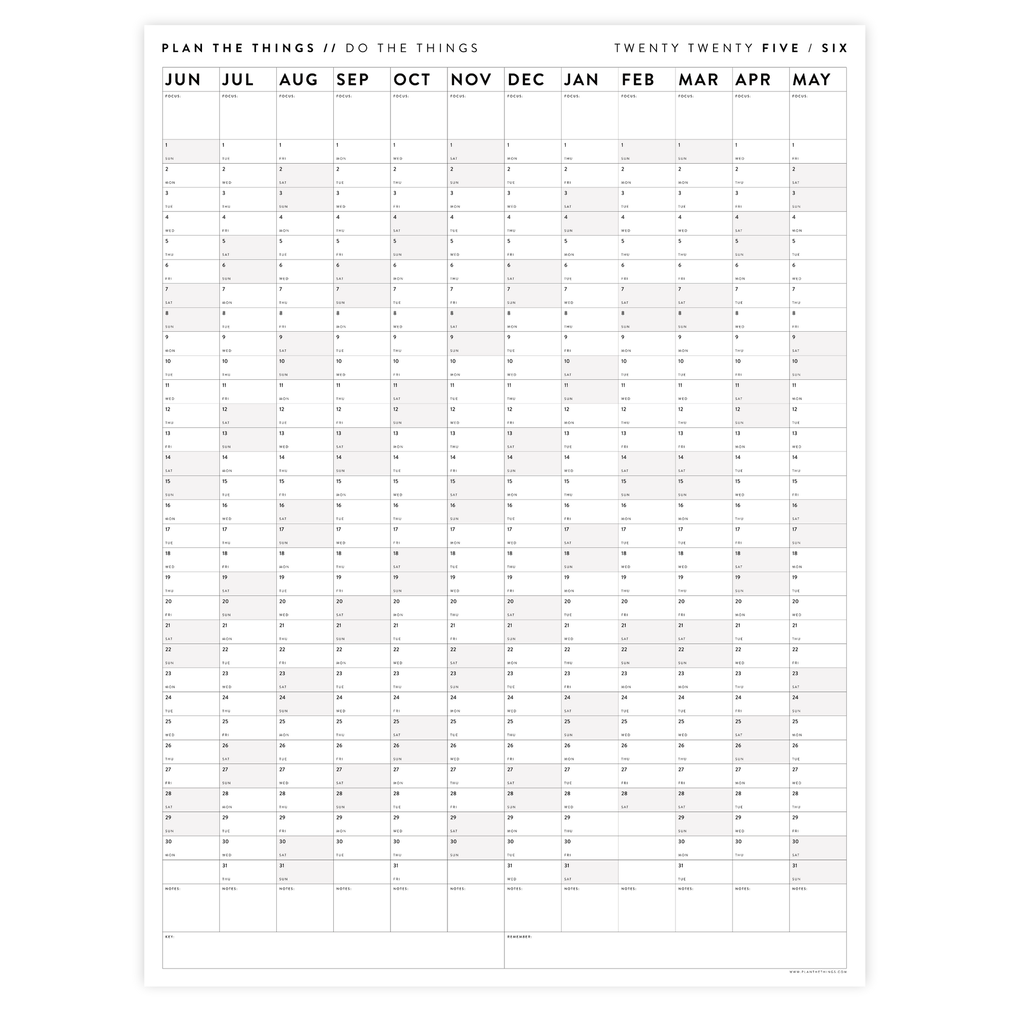 PRINTABLE 2025 - 2026 ACADEMIC WALL CALENDAR (JUNE START) | VERTICAL WITH GRAY / GREY WEEKENDS - INSTANT DOWNLOAD