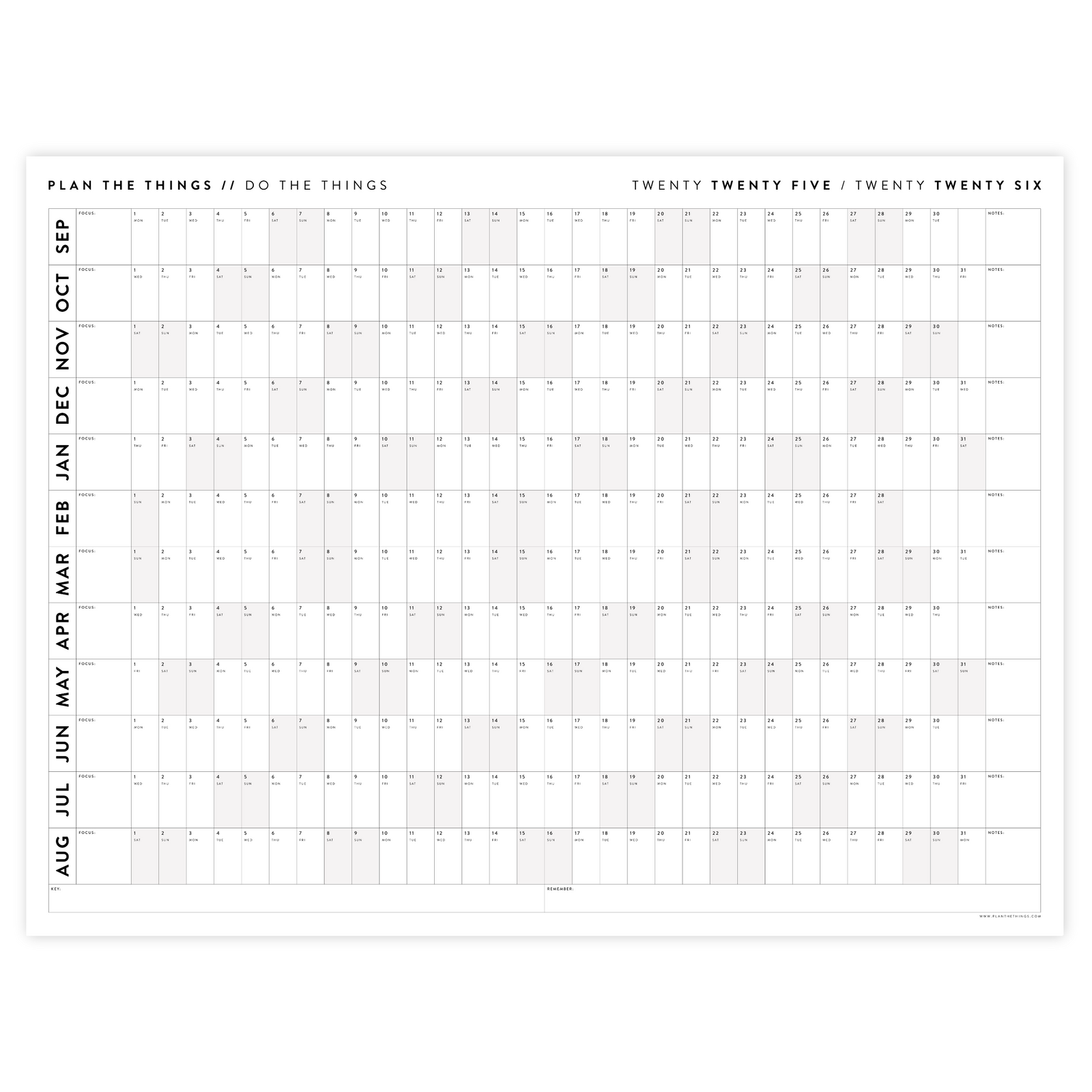PRINTABLE 2025 - 2026 ACADEMIC WALL CALENDAR (SEPTEMBER START) | HORIZONTAL WITH GRAY WEEKENDS - INSTANT DOWNLOAD