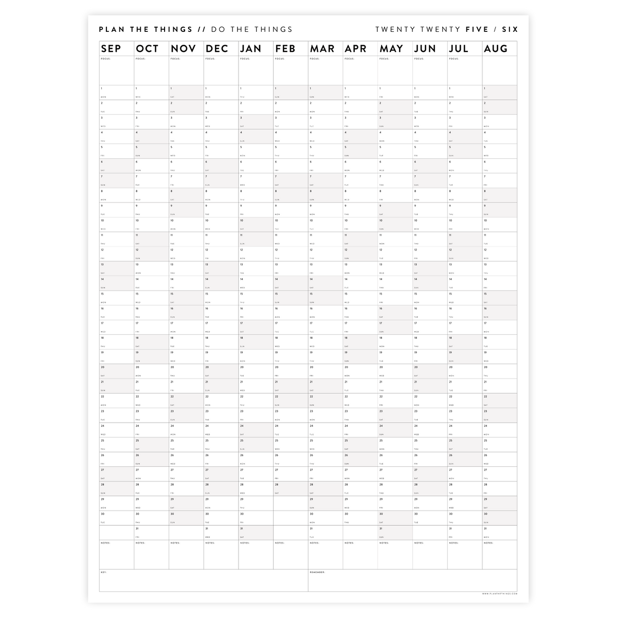 PRINTABLE 2025 - 2026 ACADEMIC WALL CALENDAR (SEPTEMBER START) | VERTICAL WITH GRAY WEEKENDS - INSTANT DOWNLOAD