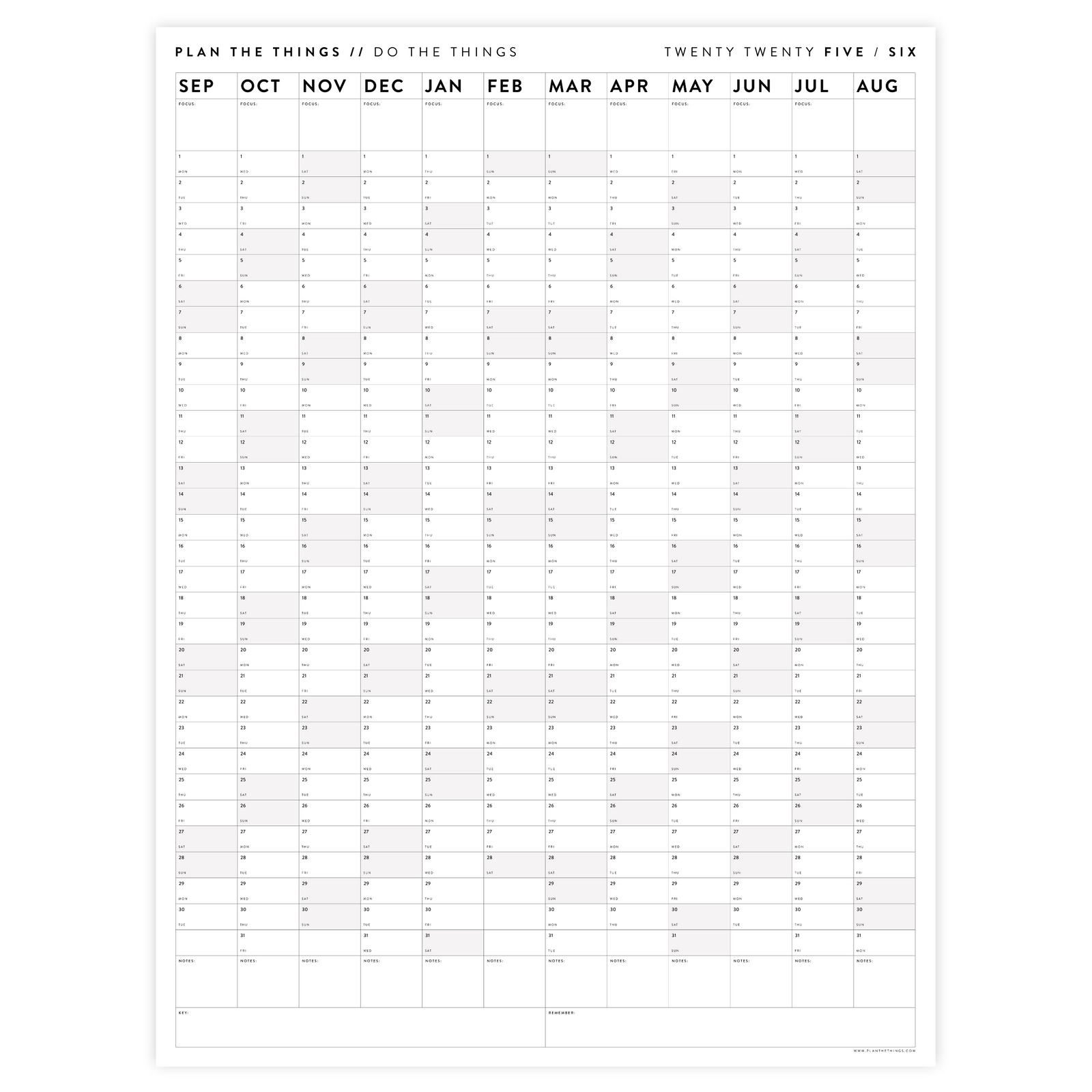 PRINTABLE 2025 - 2026 ACADEMIC WALL CALENDAR (SEPTEMBER START) | VERTICAL WITH GRAY WEEKENDS - INSTANT DOWNLOAD