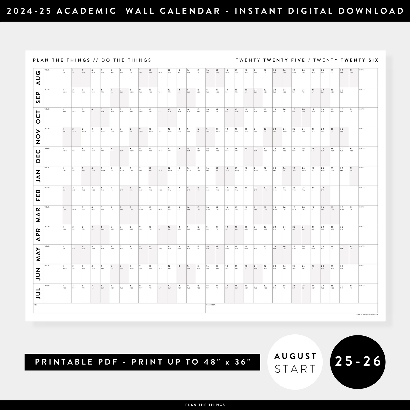 PRINTABLE 2025 - 2026 ACADEMIC WALL CALENDAR (AUGUST START) | HORIZONTAL WITH GRAY / GREY WEEKENDS - INSTANT DOWNLOAD