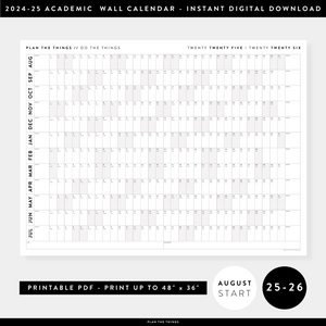 PRINTABLE 2025 - 2026 ACADEMIC WALL CALENDAR (AUGUST START) | HORIZONTAL WITH GRAY / GREY WEEKENDS - INSTANT DOWNLOAD