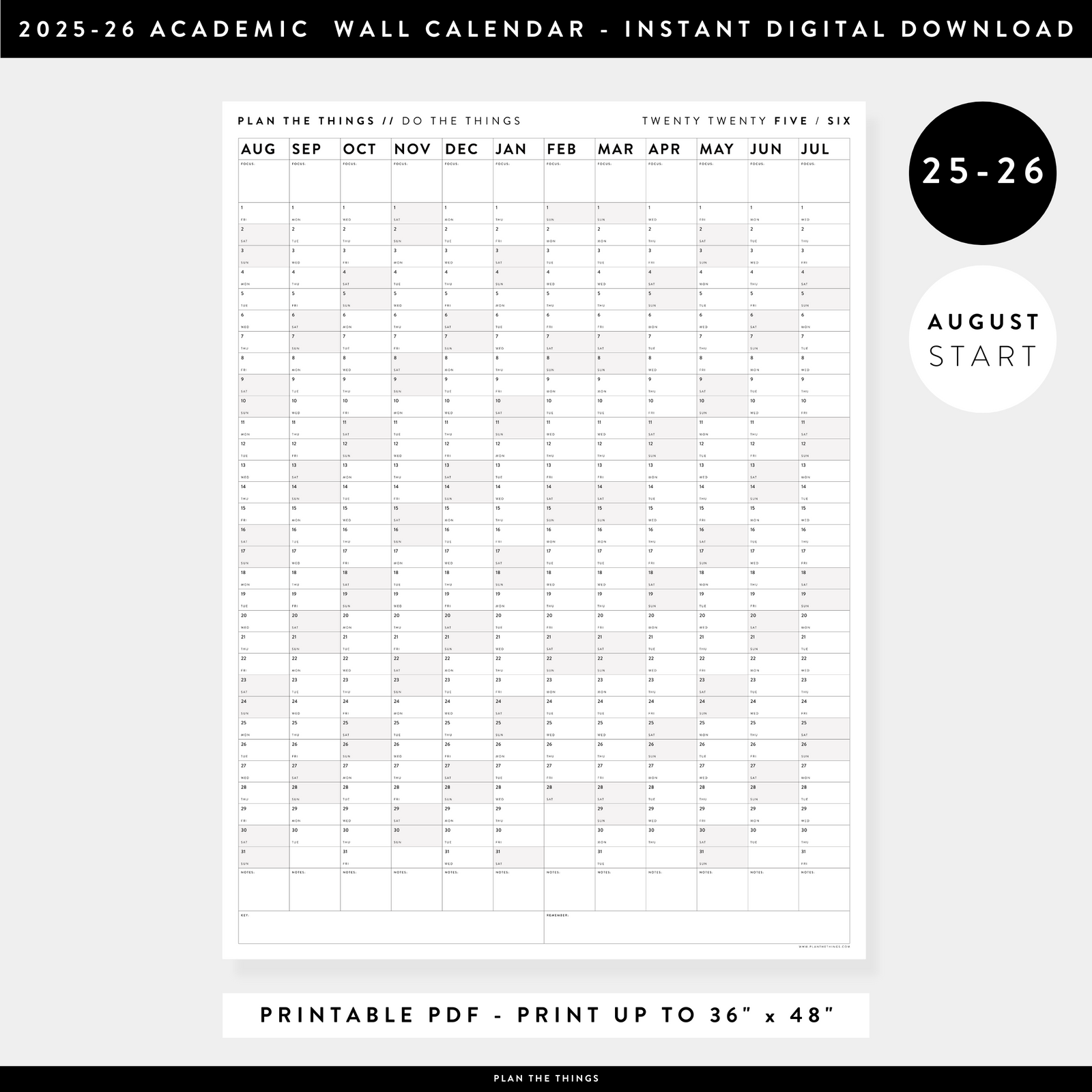 PRINTABLE 2025 - 2026 ACADEMIC WALL CALENDAR (AUGUST START) | VERTICAL WITH GRAY / GREY WEEKENDS - INSTANT DOWNLOAD