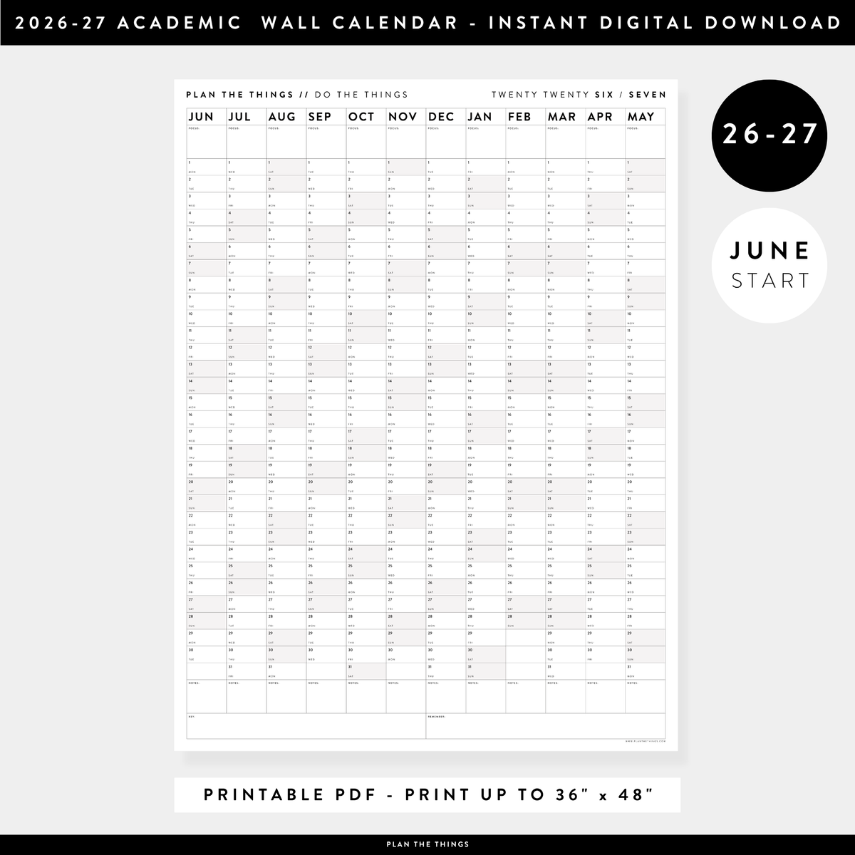 PRINTABLE 2026 - 2027 ACADEMIC WALL CALENDAR (JUNE START) | VERTICAL WITH GRAY WEEKENDS - INSTANT DOWNLOAD