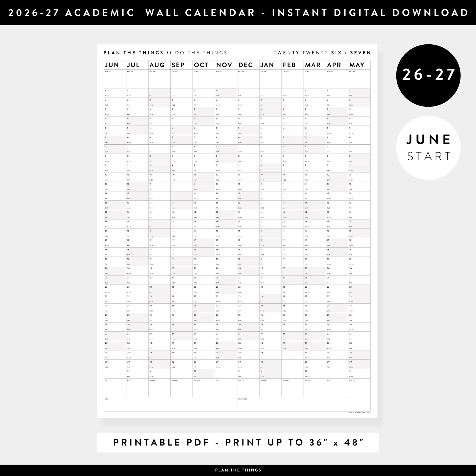 PRINTABLE 2026 - 2027 ACADEMIC WALL CALENDAR (JUNE START) | VERTICAL WITH GRAY WEEKENDS - INSTANT DOWNLOAD