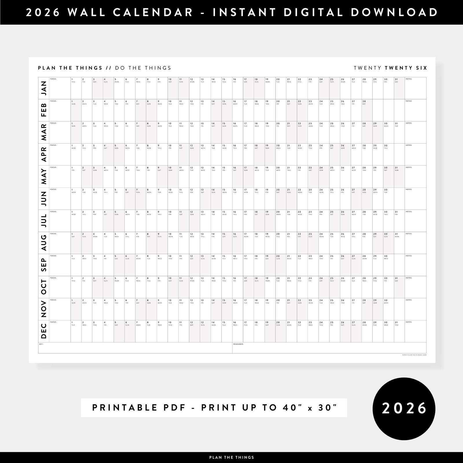 PRINTABLE 2026 HORIZONTAL WALL CALENDAR WITH GRAY WEEKENDS - INSTANT DOWNLOAD