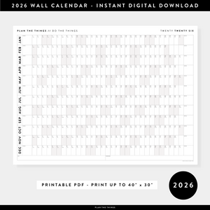 PRINTABLE 2026 HORIZONTAL WALL CALENDAR WITH GRAY WEEKENDS - INSTANT DOWNLOAD