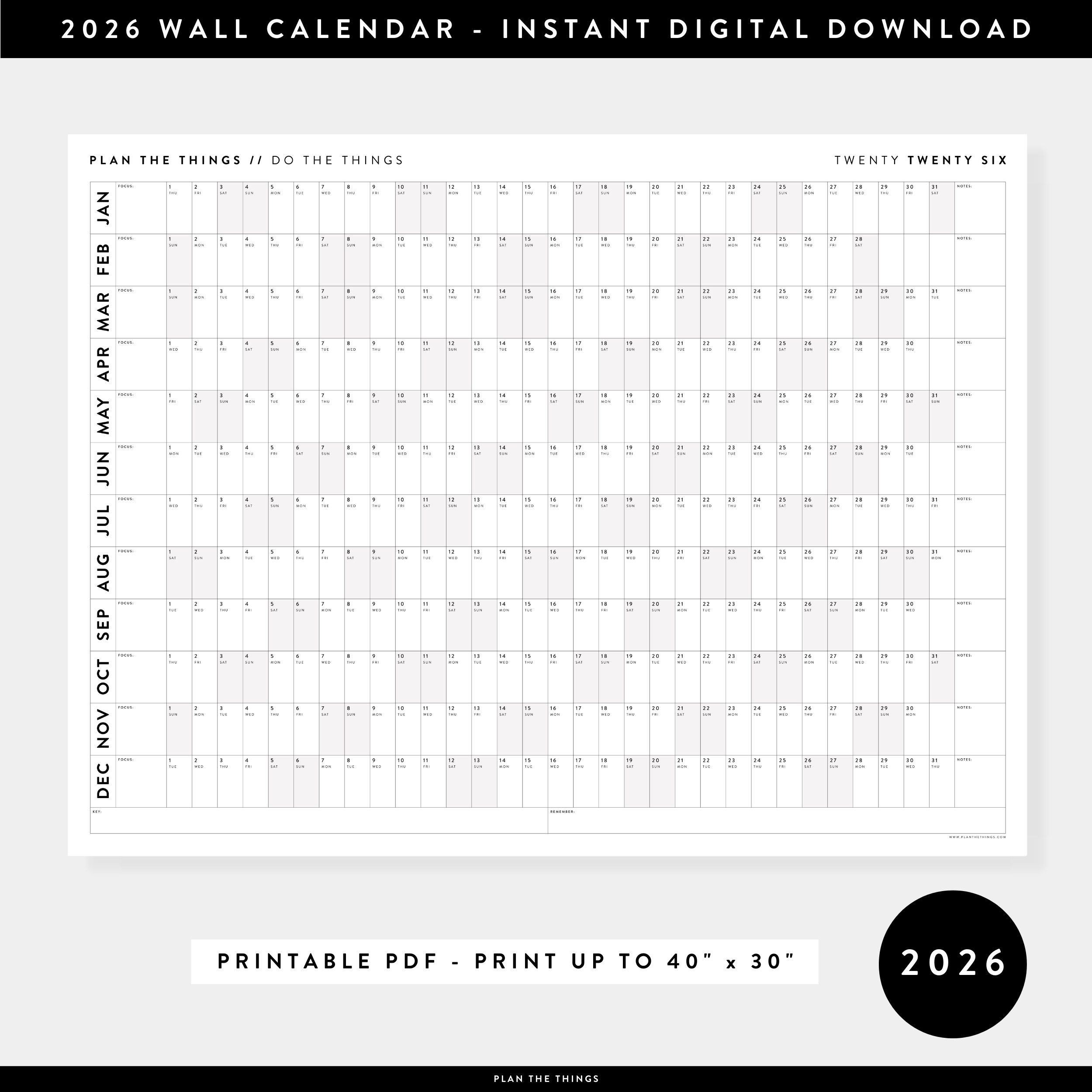 PRINTABLE 2026 HORIZONTAL WALL CALENDAR WITH GRAY WEEKENDS INSTANT D