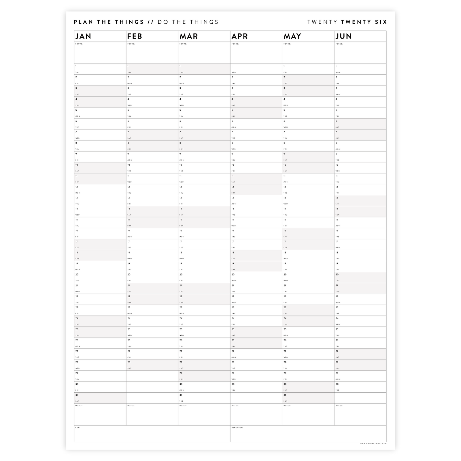 SIX MONTH 2026 GIANT WALL CALENDAR (JANUARY TO JUNE)  WITH GRAY WEEKENDS
