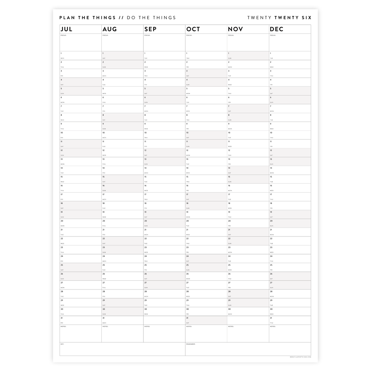 PRINTABLE SIX MONTH 2026 ACADEMIC YEAR WALL CALENDAR SET WITH GRAY WEEKENDS - INSTANT DOWNLOAD
