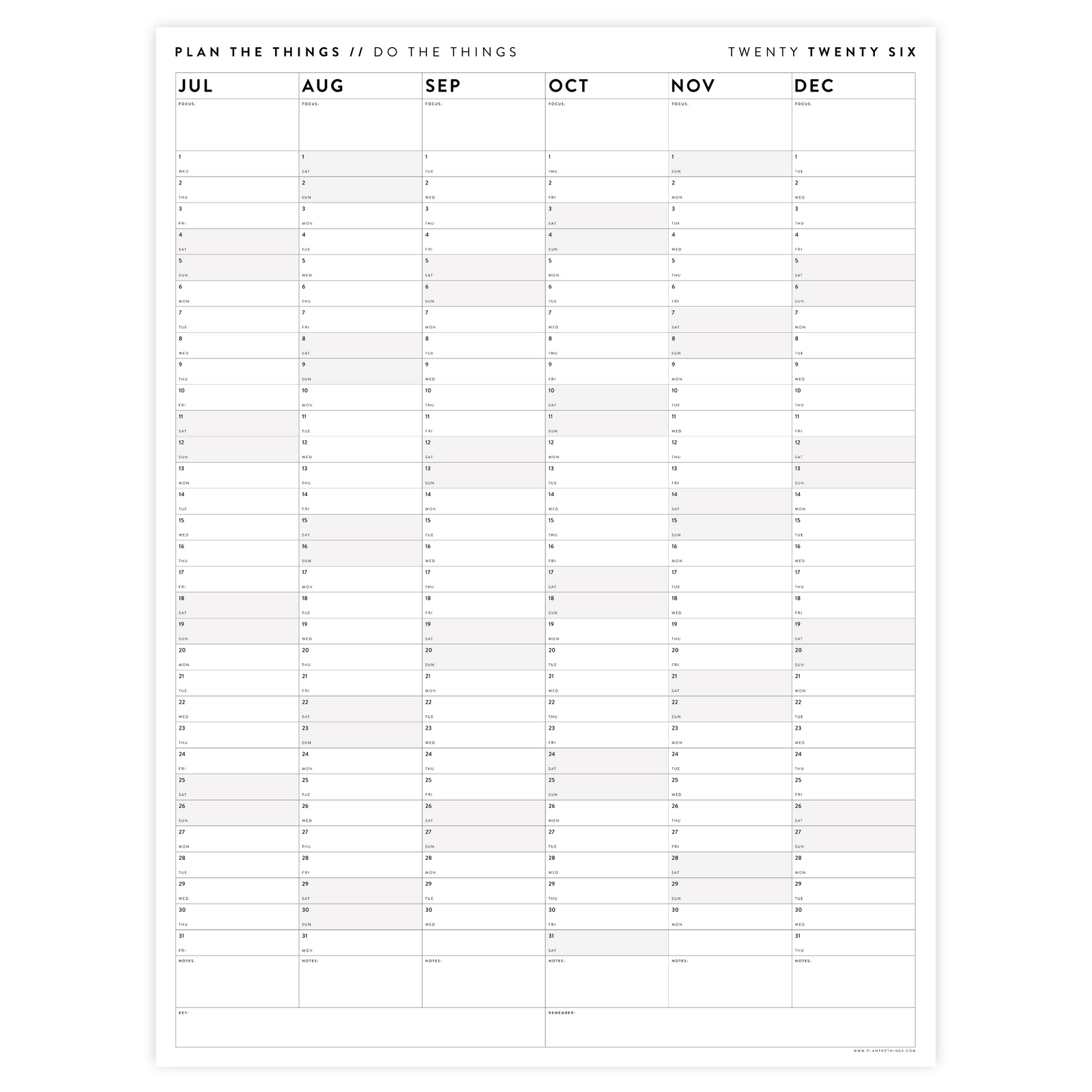 SIX MONTH 2026 GIANT WALL CALENDAR (JULY TO DECEMBER) WITH GRAY WEEKENDS