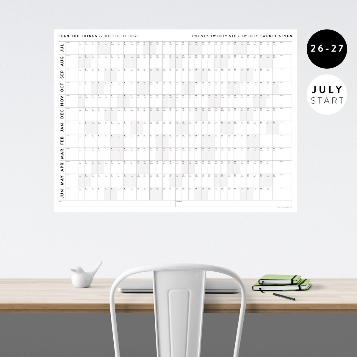 2026 - 2027 ACADEMIC WALL CALENDAR (JULY START) | HORIZONTAL WITH GRAY WEEKENDS