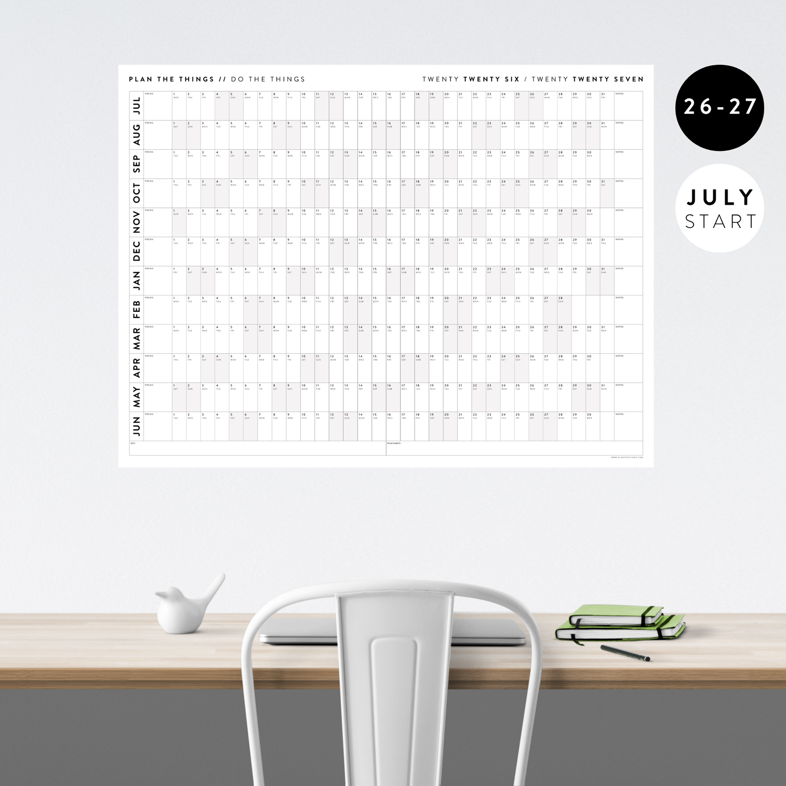 2026 - 2027 ACADEMIC WALL CALENDAR (JULY START) | HORIZONTAL WITH GRAY WEEKENDS