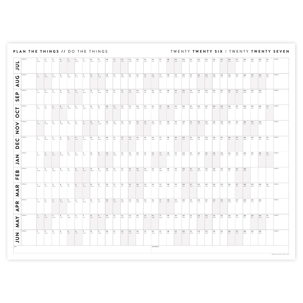 2026 - 2027 ACADEMIC WALL CALENDAR (JULY START) | HORIZONTAL WITH GRAY WEEKENDS