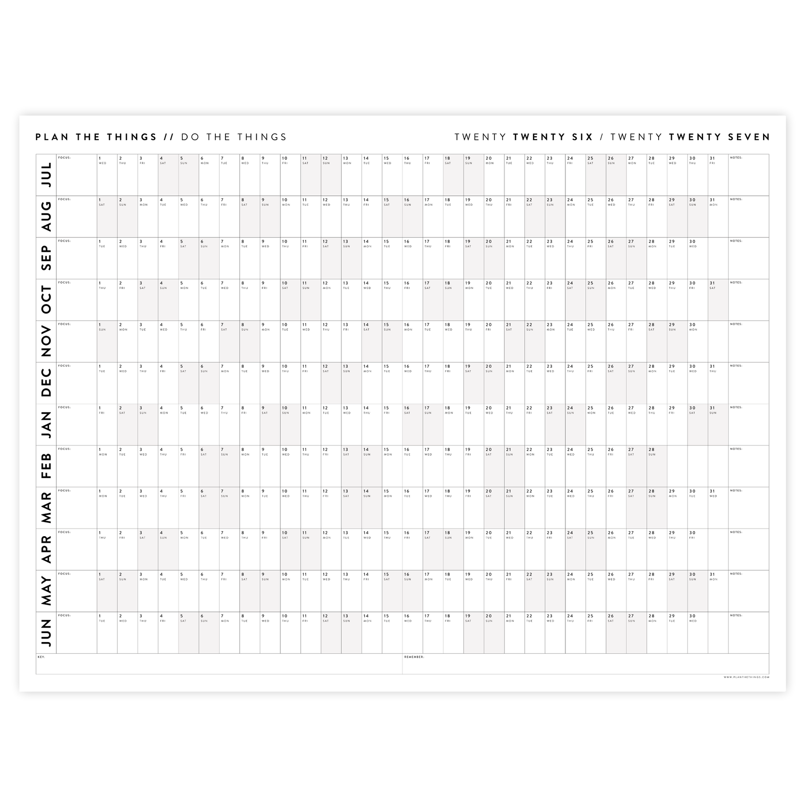 2026 - 2027 ACADEMIC WALL CALENDAR (JULY START) | HORIZONTAL WITH GRAY WEEKENDS