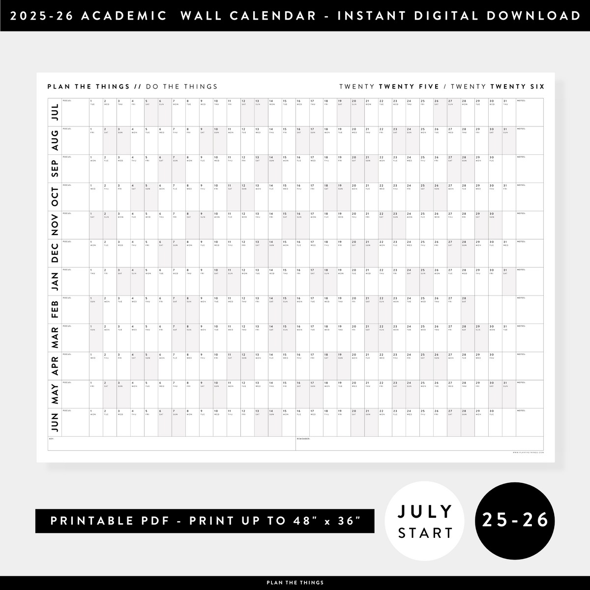 PRINTABLE 2025 - 2026 ACADEMIC WALL CALENDAR (JULY START) | HORIZONTAL WITH GRAY WEEKENDS - INSTANT DOWNLOAD