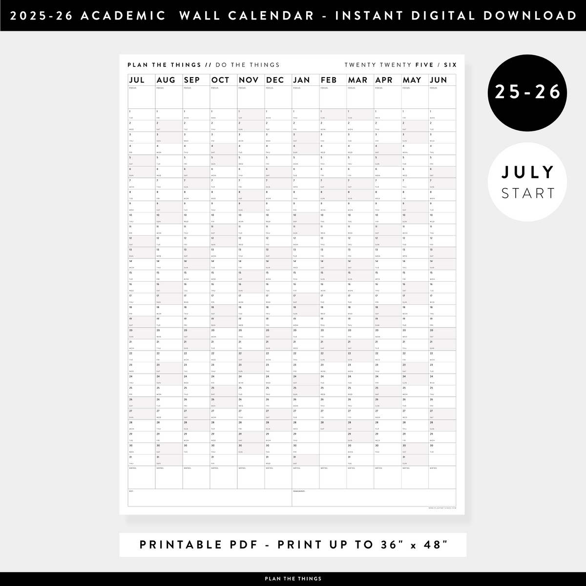 PRINTABLE 2025 - 2026 ACADEMIC WALL CALENDAR (JULY START) | VERTICAL WITH GRAY WEEKENDS - INSTANT DOWNLOAD