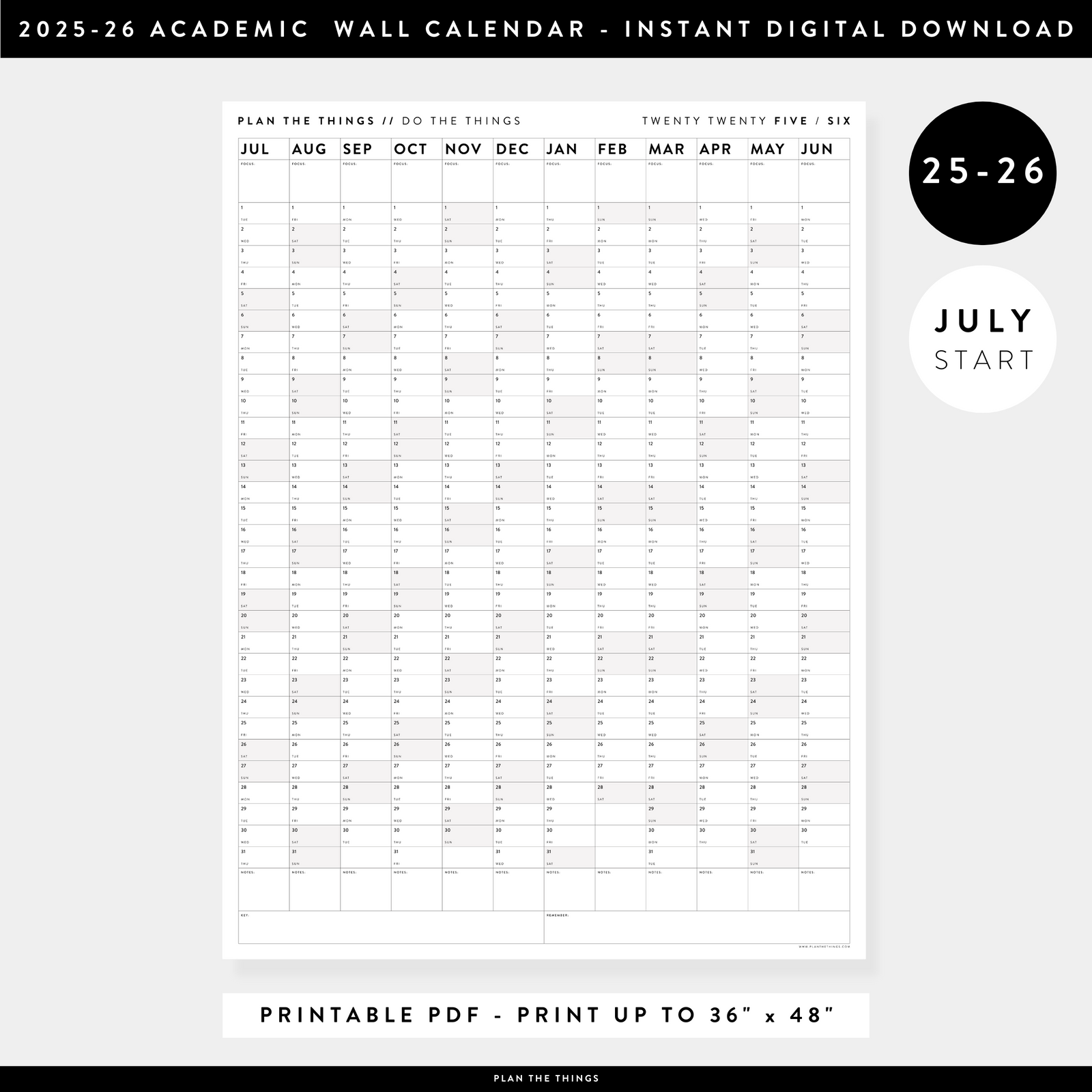 PRINTABLE 2025 - 2026 ACADEMIC WALL CALENDAR (JULY START) | VERTICAL WITH GRAY WEEKENDS - INSTANT DOWNLOAD
