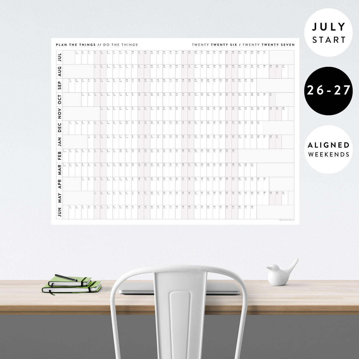 NEW! PRINTABLE JULY START 2026 - 2027 HORIZONTAL ACADEMIC WALL CALENDAR WITH ALIGNED GRAY WEEKENDS - INSTANT DOWNLOAD PRINT UP TO 48" x 36"