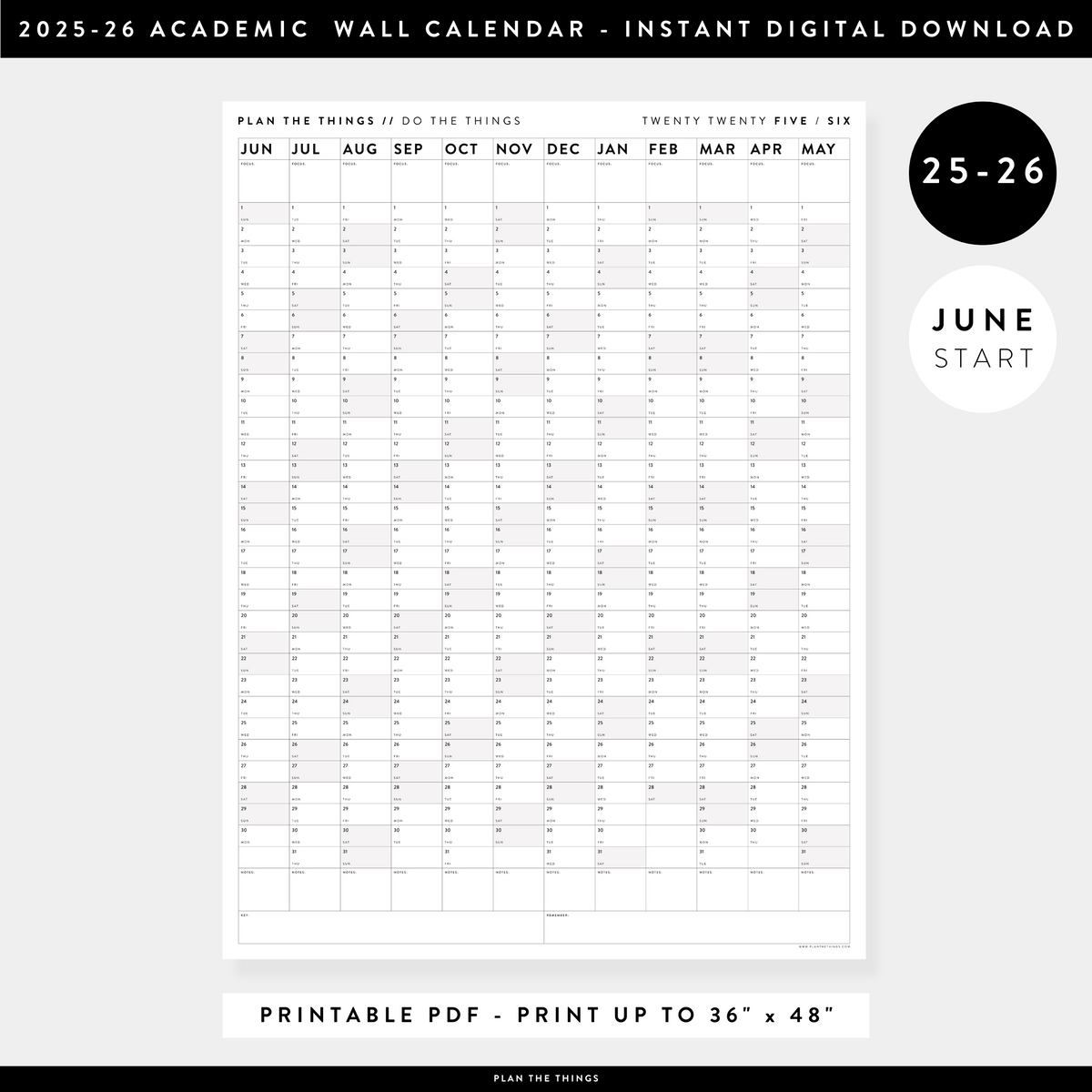 PRINTABLE 2025 - 2026 ACADEMIC WALL CALENDAR (JUNE START) | VERTICAL WITH GRAY / GREY WEEKENDS - INSTANT DOWNLOAD