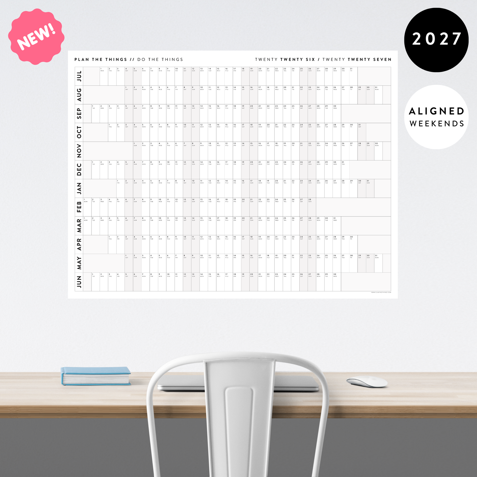 NEW FORMAT! GIANT 2027 ANNUAL WALL CALENDAR | HORIZONTAL WITH ALIGNED GRAY WEEKENDS