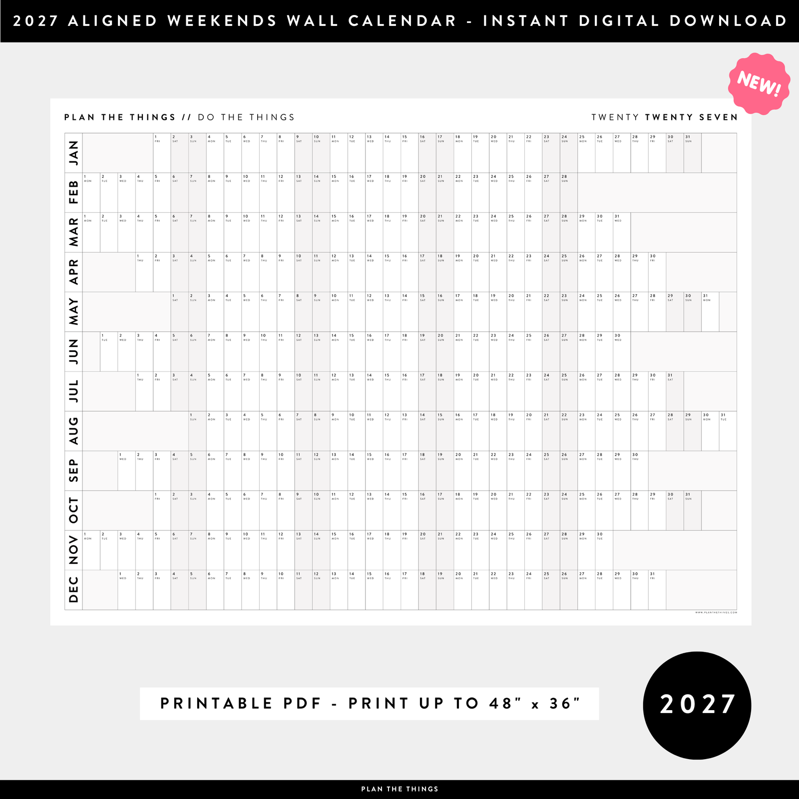 NEW! PRINTABLE 2027 HORIZONTAL WALL CALENDAR WITH ALIGNED GRAY WEEKENDS - INSTANT DOWNLOAD PRINT UP TO 48" x 36"