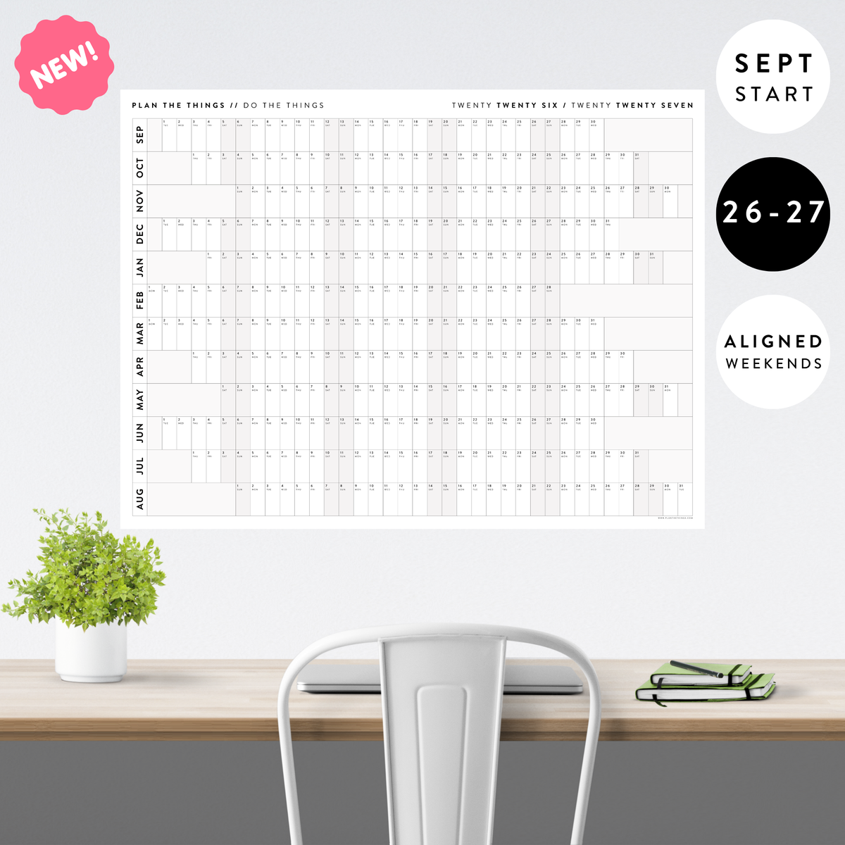 2026 - 2027 SEPTEMBER START ACADEMIC WALL CALENDAR | HORIZONTAL WITH GRAY ALIGNED WEEKENDS