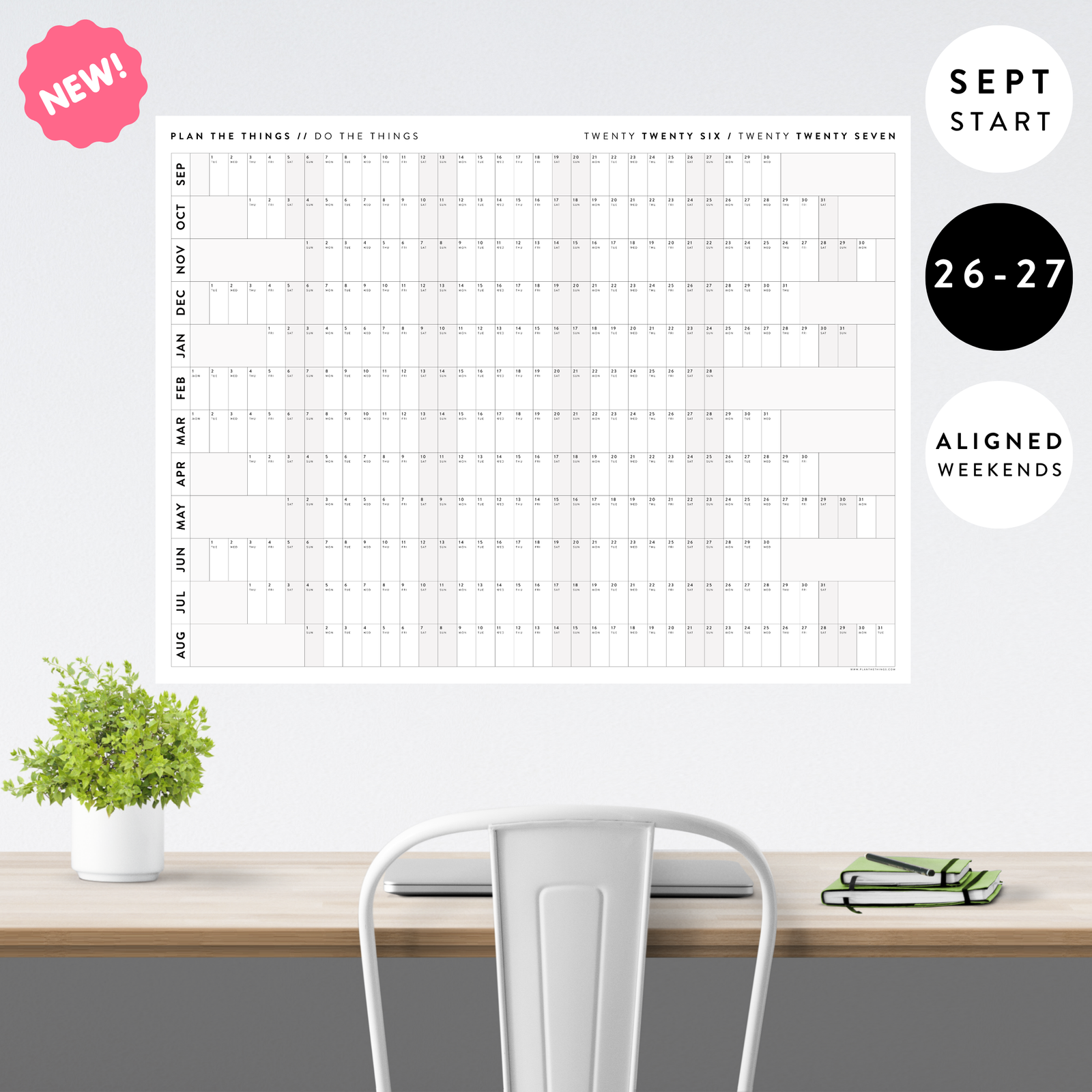2026 - 2027 SEPTEMBER START ACADEMIC WALL CALENDAR | HORIZONTAL WITH GRAY ALIGNED WEEKENDS