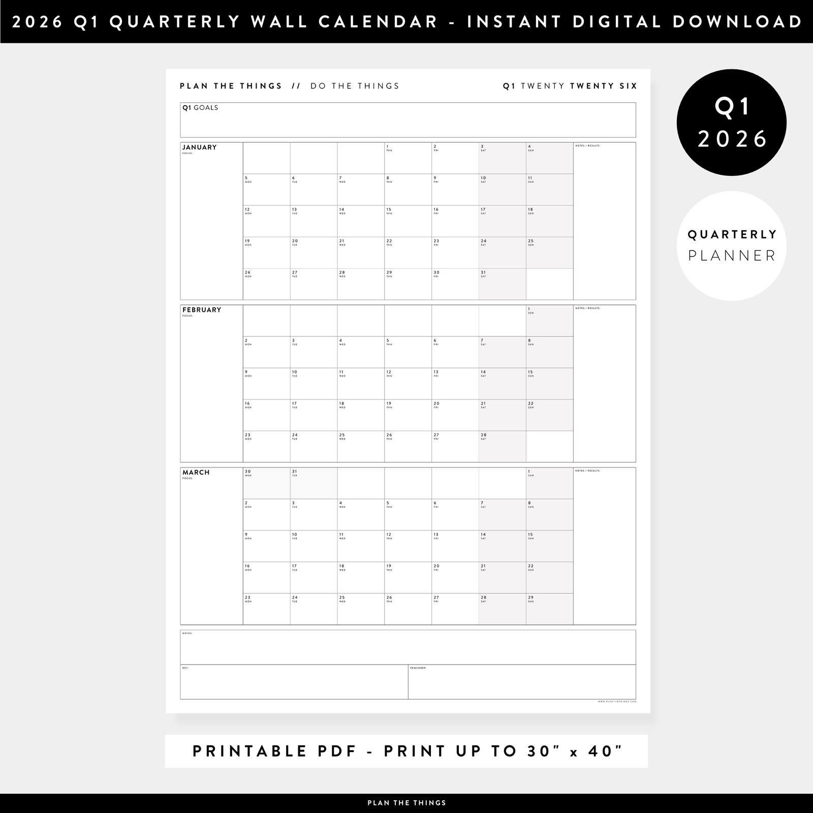 PRINTABLE Q1 (JANUARY - MARCH) 2026 QUARTERLY WALL CALENDAR (GRAY) - INSTANT DOWNLOAD