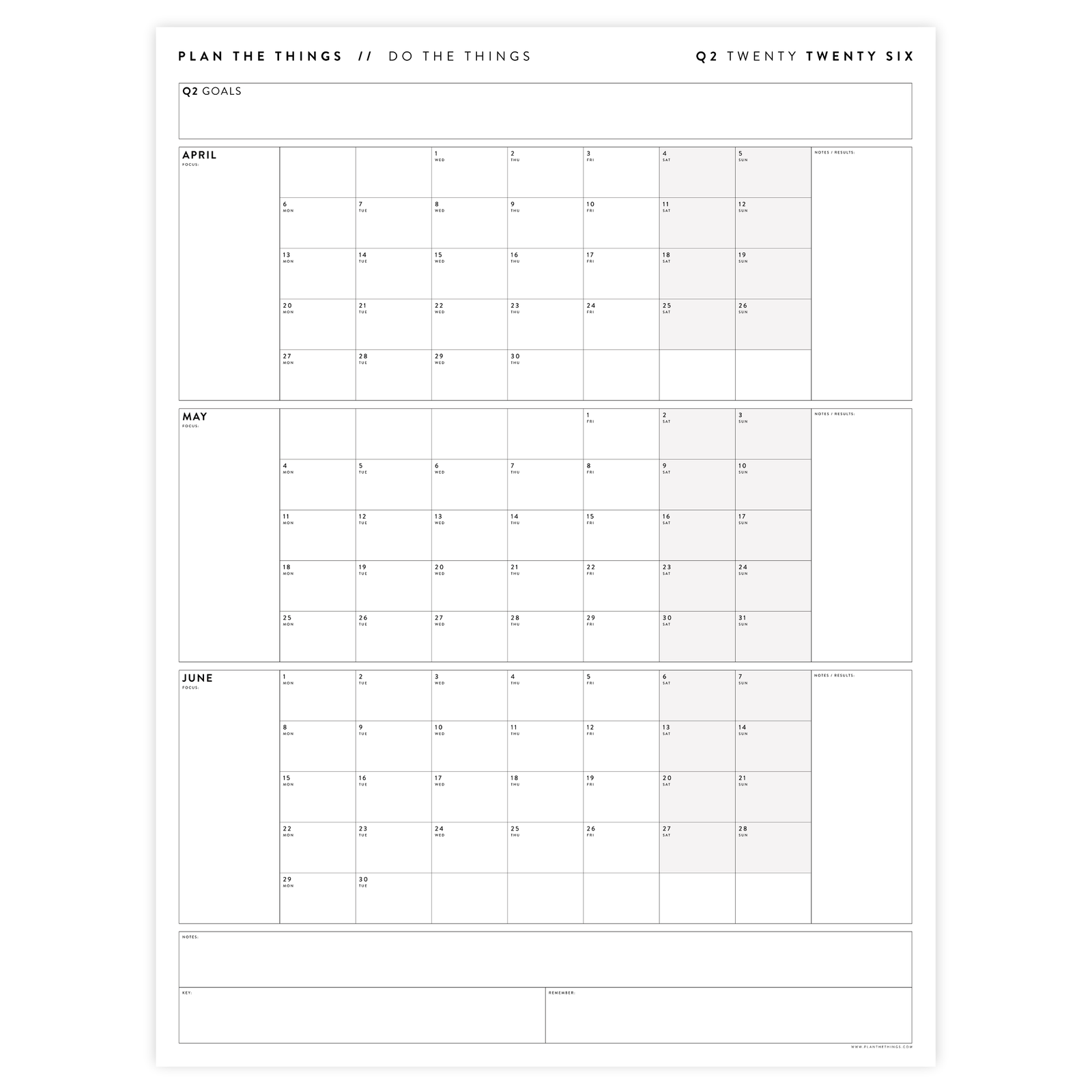 Q2 2026 QUARTERLY GIANT WALL CALENDAR (APRIL - JUNE 2026) - GRAY WEEKENDS