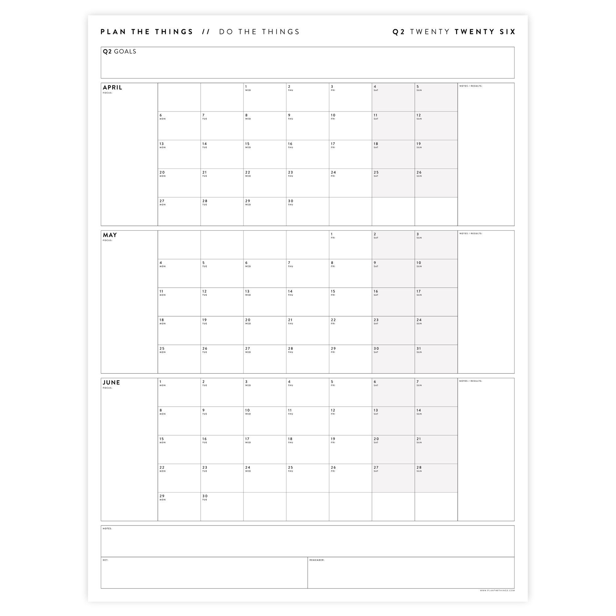 Q2 2026 QUARTERLY GIANT WALL CALENDAR (APRIL - JUNE 2026) - GRAY WEEKENDS