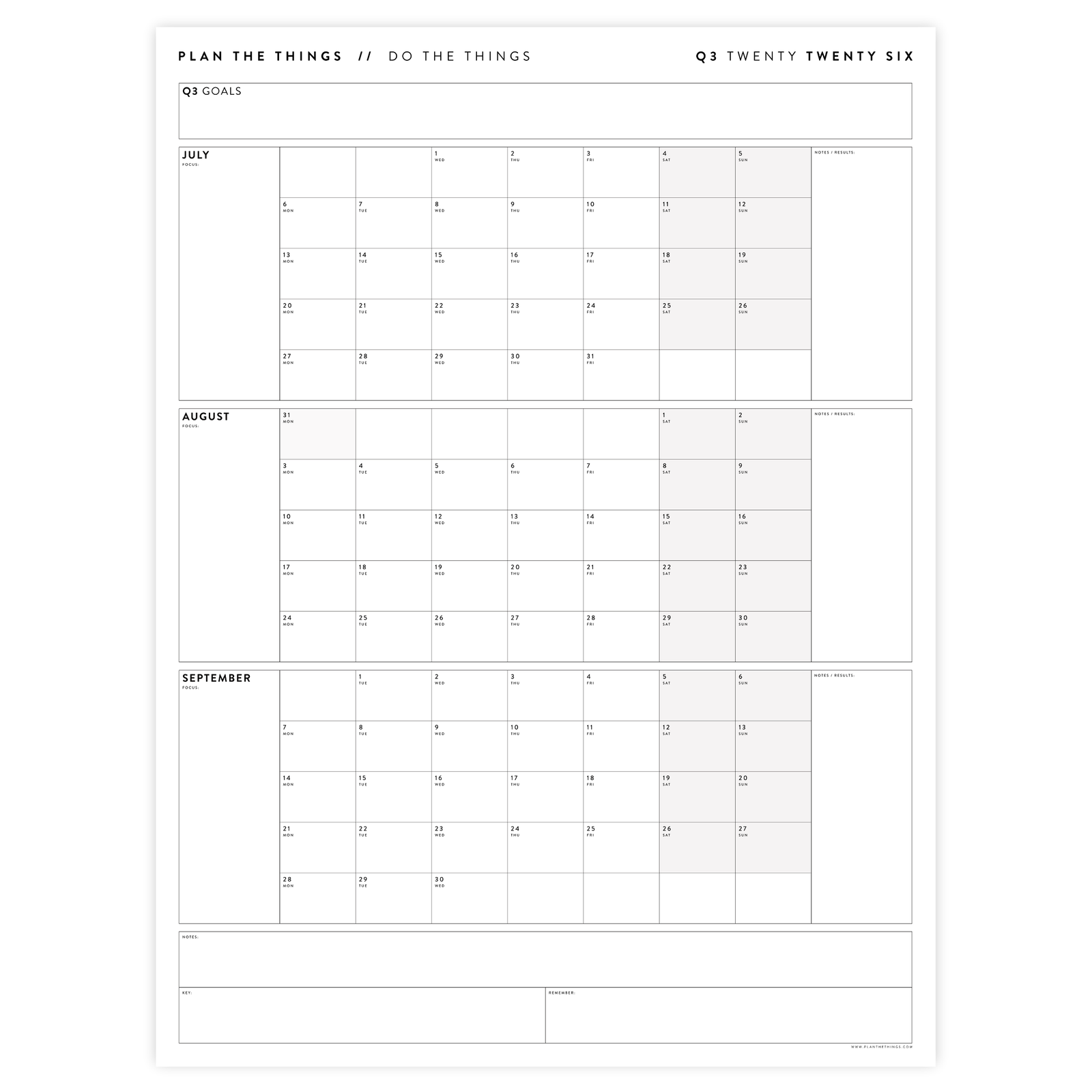 Q3 2026 QUARTERLY GIANT WALL CALENDAR (JULY - SEPTEMBER 2026) - GRAY WEEKENDS