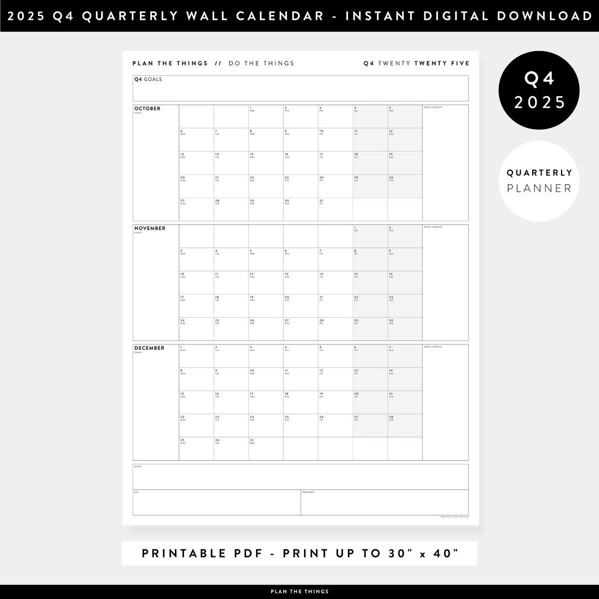 PRINTABLE Q4 (OCTOBER - DECEMBER) 2025 QUARTERLY WALL CALENDAR (GRAY) - INSTANT PDF DOWNLOAD