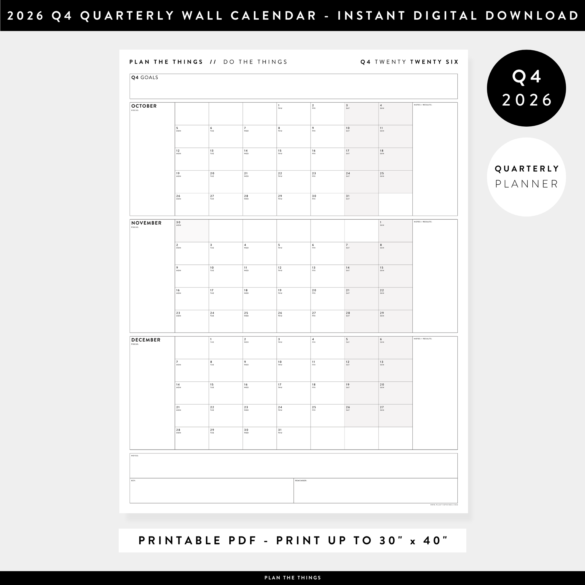 PRINTABLE Q4 (OCTOBER - DECEMBER) 2026 QUARTERLY WALL CALENDAR (GRAY) - INSTANT PDF DOWNLOAD