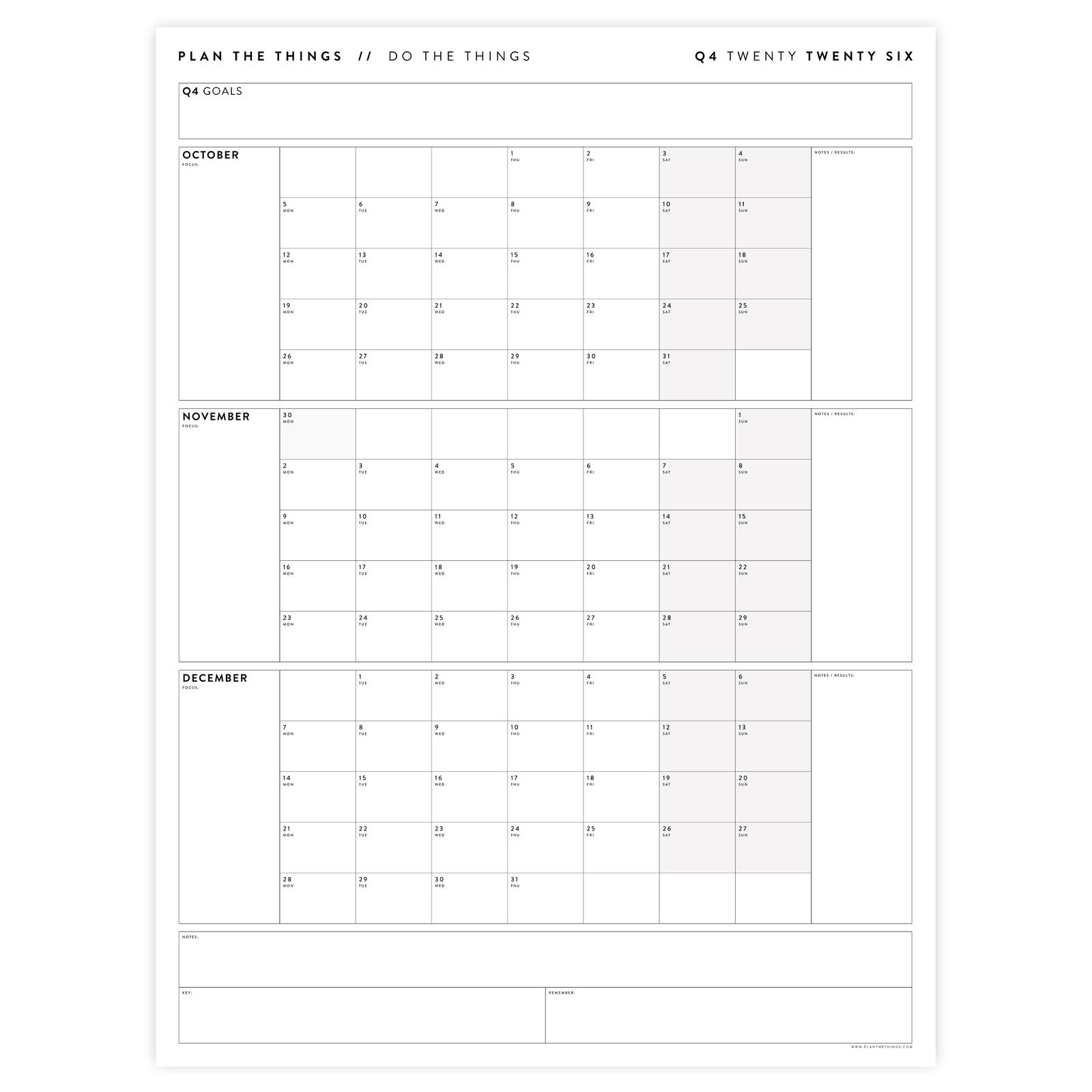 PRINTABLE Q4 (OCTOBER - DECEMBER) 2026 QUARTERLY WALL CALENDAR (GRAY) - INSTANT PDF DOWNLOAD