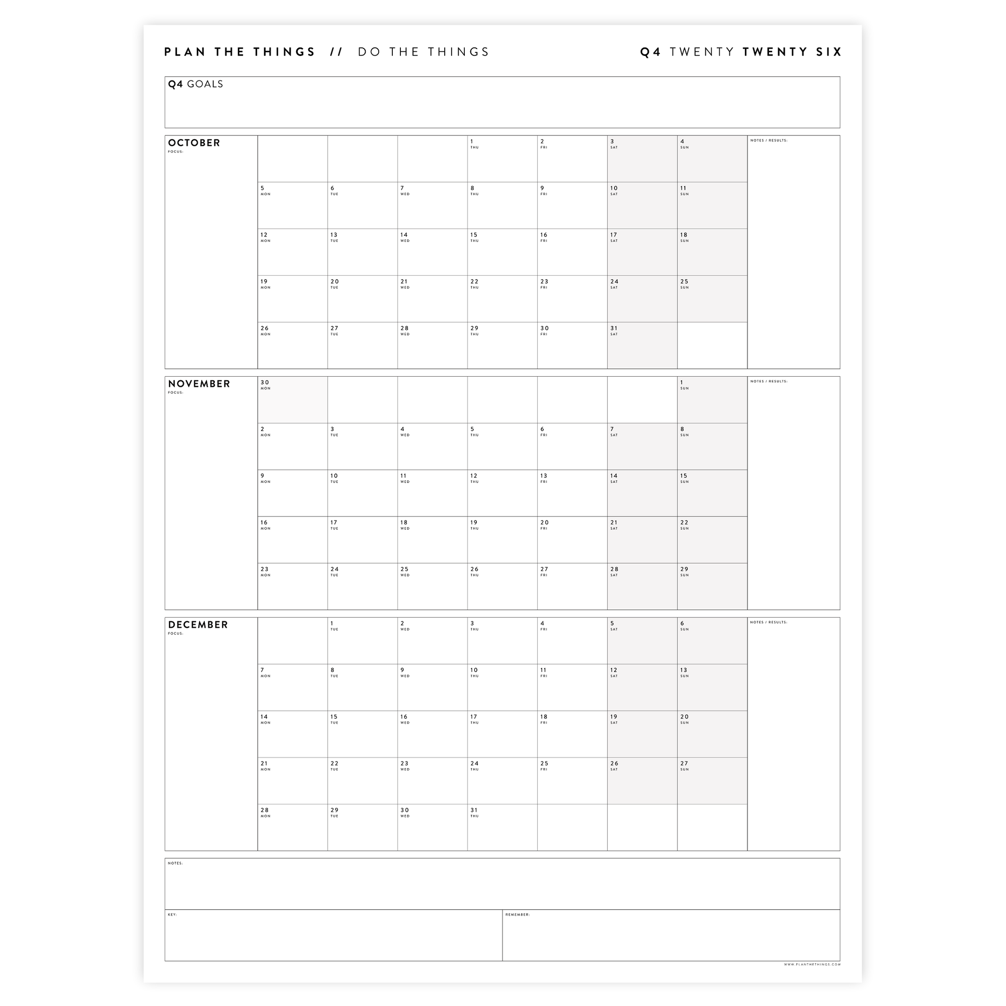 PRINTABLE Q4 (OCTOBER - DECEMBER) 2026 QUARTERLY WALL CALENDAR (GRAY) - INSTANT PDF DOWNLOAD