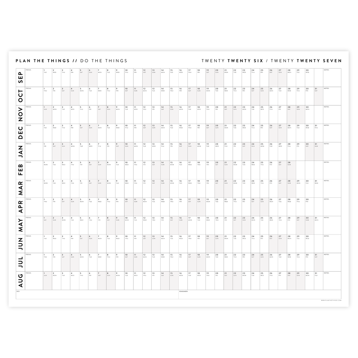 PRINTABLE 2026 - 2027 ACADEMIC WALL CALENDAR (SEPTEMBER START) | HORIZONTAL WITH GRAY WEEKENDS - INSTANT DOWNLOAD