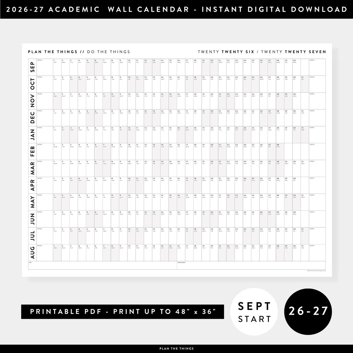PRINTABLE 2026 - 2027 ACADEMIC WALL CALENDAR (SEPTEMBER START) | HORIZONTAL WITH GRAY WEEKENDS - INSTANT DOWNLOAD