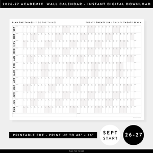 PRINTABLE 2026 - 2027 ACADEMIC WALL CALENDAR (SEPTEMBER START) | HORIZONTAL WITH GRAY WEEKENDS - INSTANT DOWNLOAD