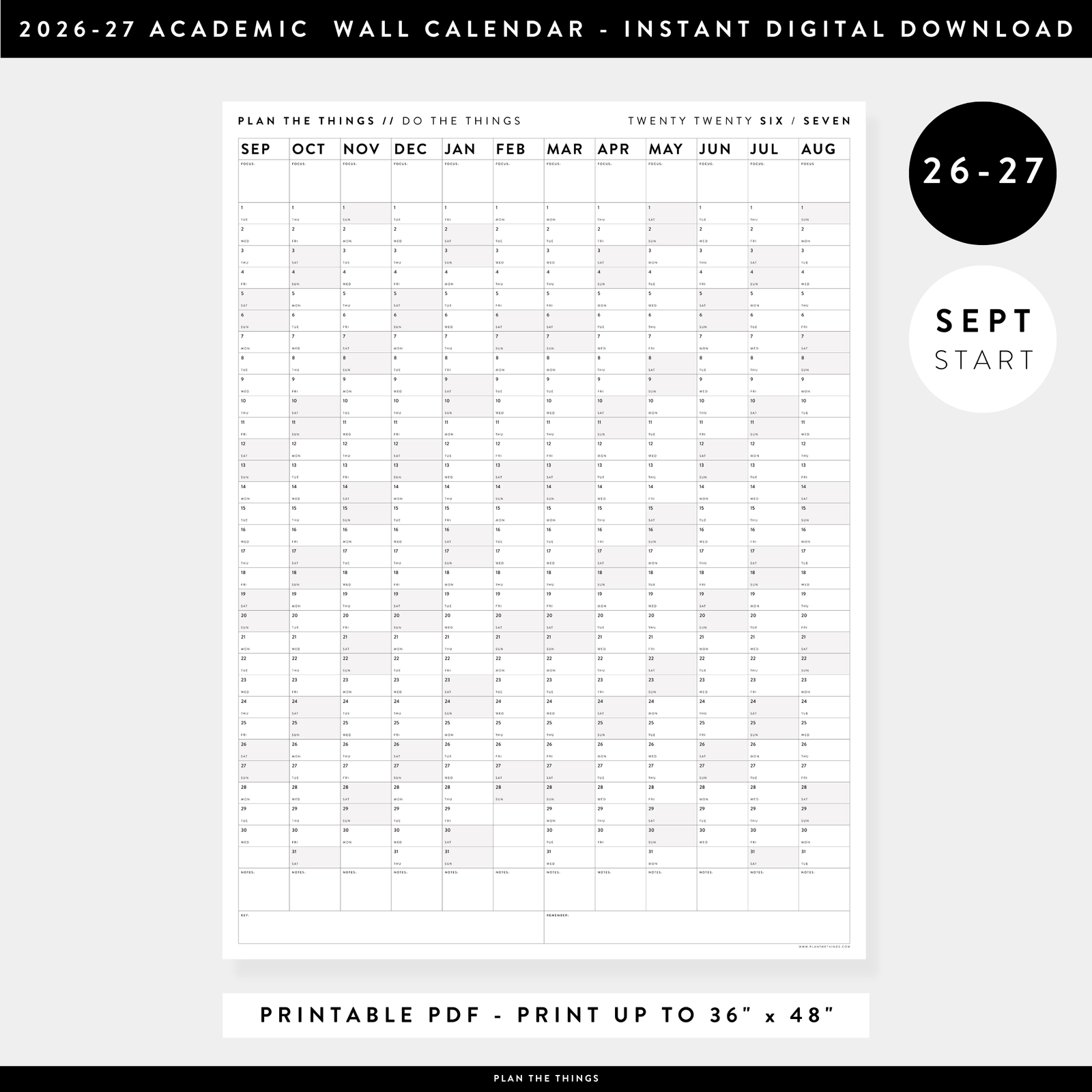 PRINTABLE 2026 - 2027 ACADEMIC WALL CALENDAR (SEPTEMBER START) | VERTICAL WITH GRAY WEEKENDS - INSTANT DOWNLOAD