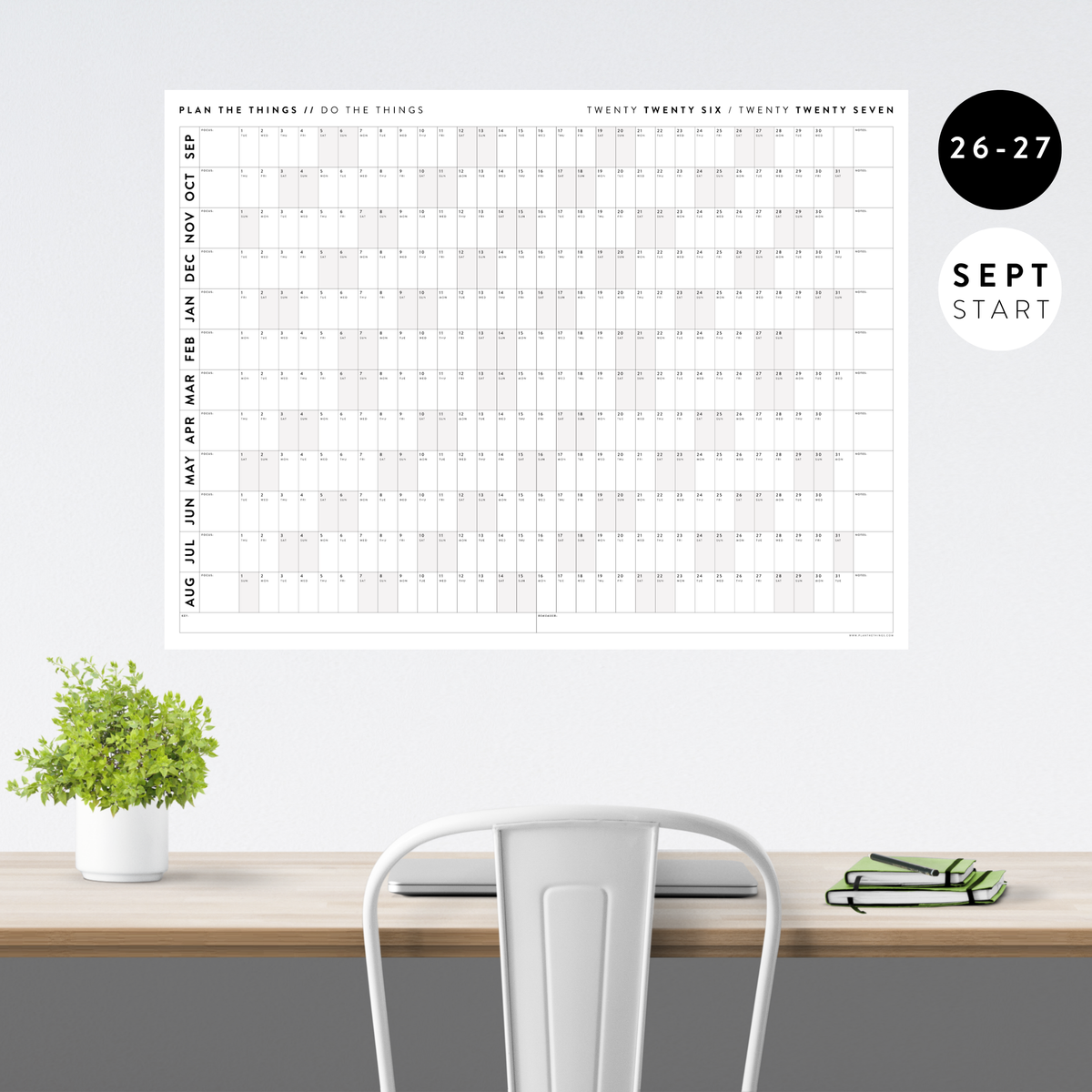 PRINTABLE 2026 - 2027 ACADEMIC WALL CALENDAR (SEPTEMBER START) | HORIZONTAL WITH GRAY WEEKENDS - INSTANT DOWNLOAD