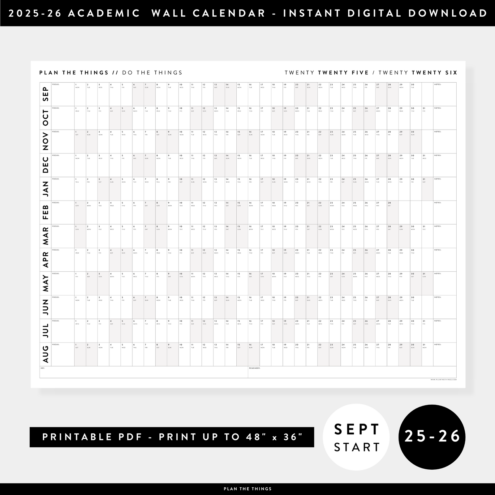 PRINTABLE 2025 - 2026 ACADEMIC WALL CALENDAR (SEPTEMBER START) | HORIZONTAL WITH GRAY WEEKENDS - INSTANT DOWNLOAD