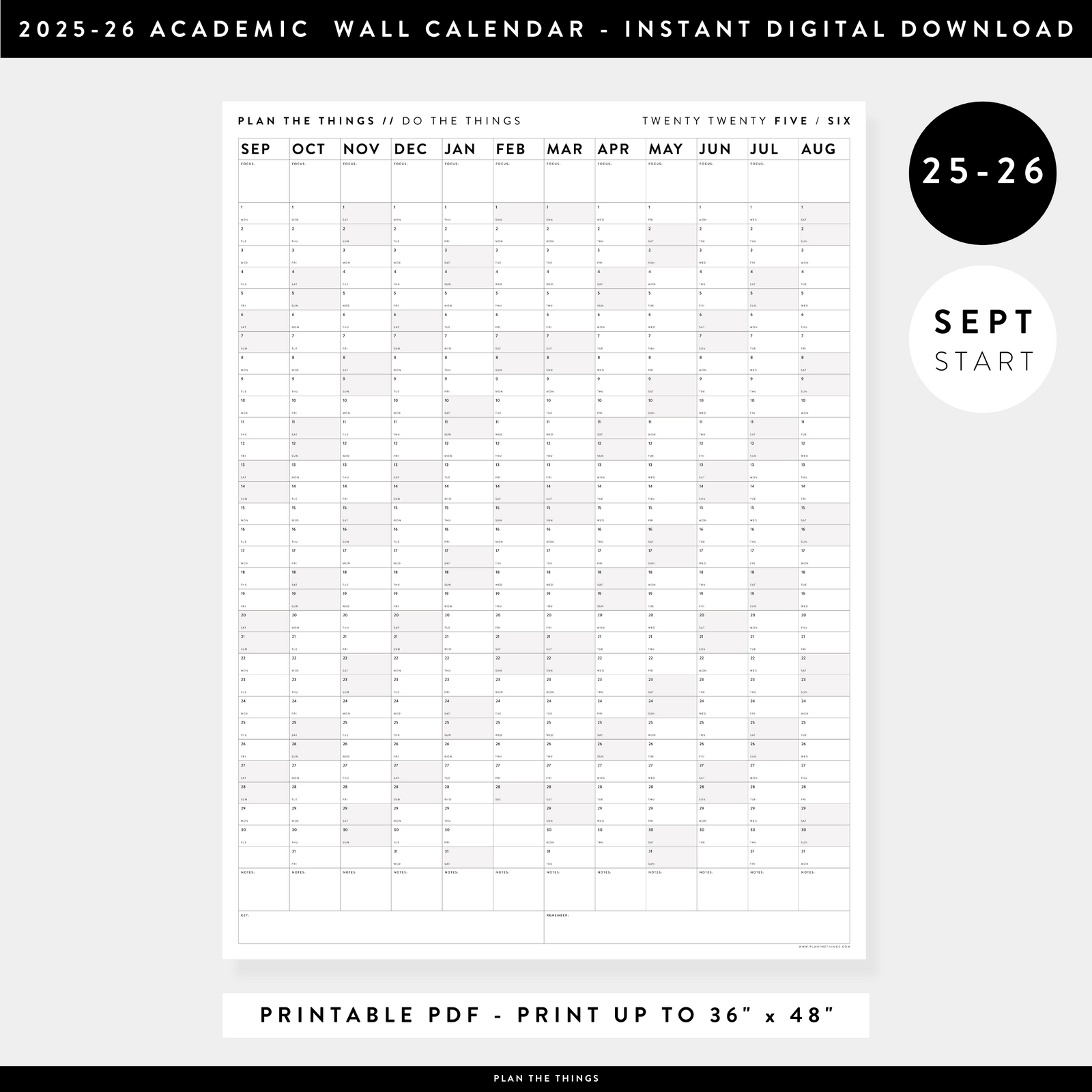 PRINTABLE 2025 - 2026 ACADEMIC WALL CALENDAR (SEPTEMBER START) | VERTICAL WITH GRAY WEEKENDS - INSTANT DOWNLOAD